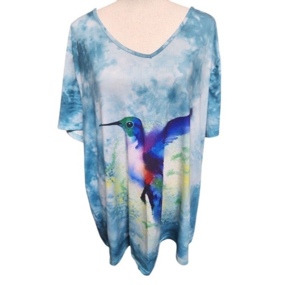 Emery Rose Hummingbird Blouse Size 4XL Short Sleeve Water Color
